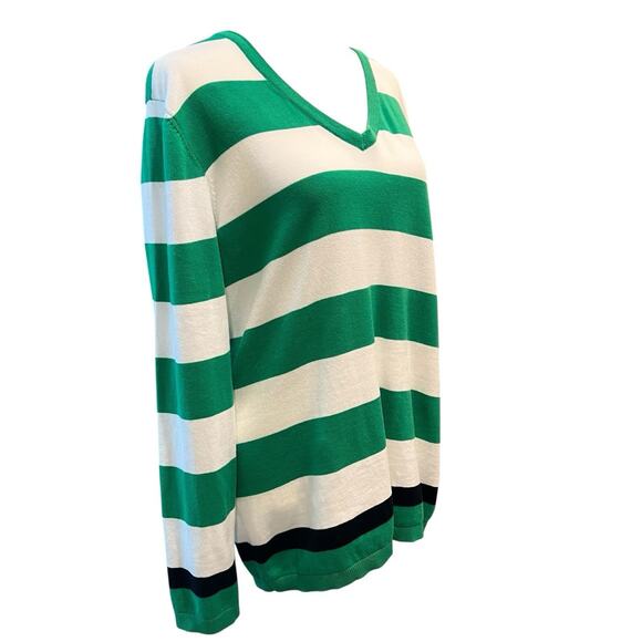 TOMMY HILFIGER V-neck Sweater Green White Striped Women's Large Academia Preppy - Picture 2 of 12
